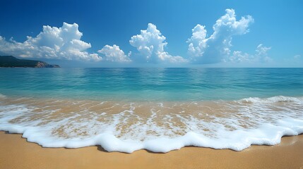 Tranquil Seascape, Azure Waters, Golden Sands, and Fluffy Clouds Horizon