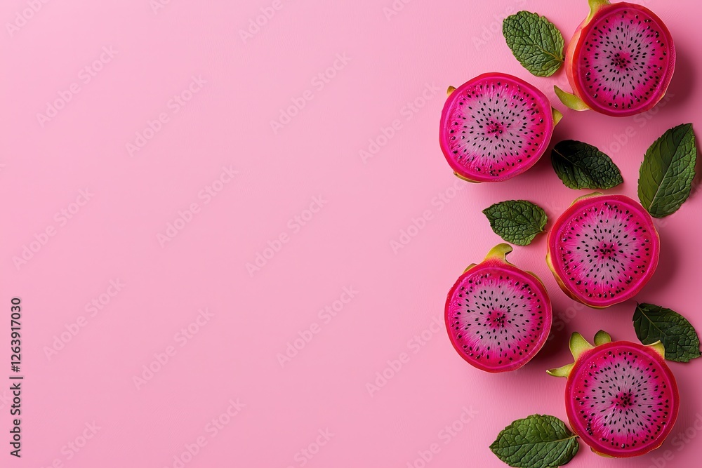 Poster freshly sliced exotic dragon fruit arranged in a visually appealing geometric pattern on a vibrant p