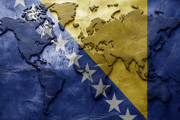 Flag of bosnia and herzegovina on the ancient leather old world map . Adventure concept. Macro shot. Generative Ai