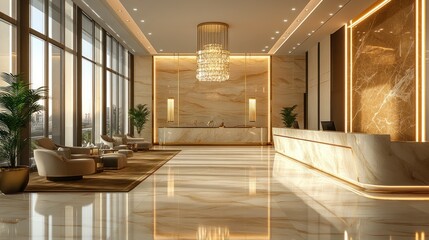 Luxurious hotel lobby with city view and golden marble accents