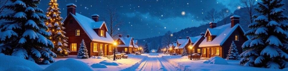 Snowy Christmas village scene at night, festive, snowflakes, christmas lights