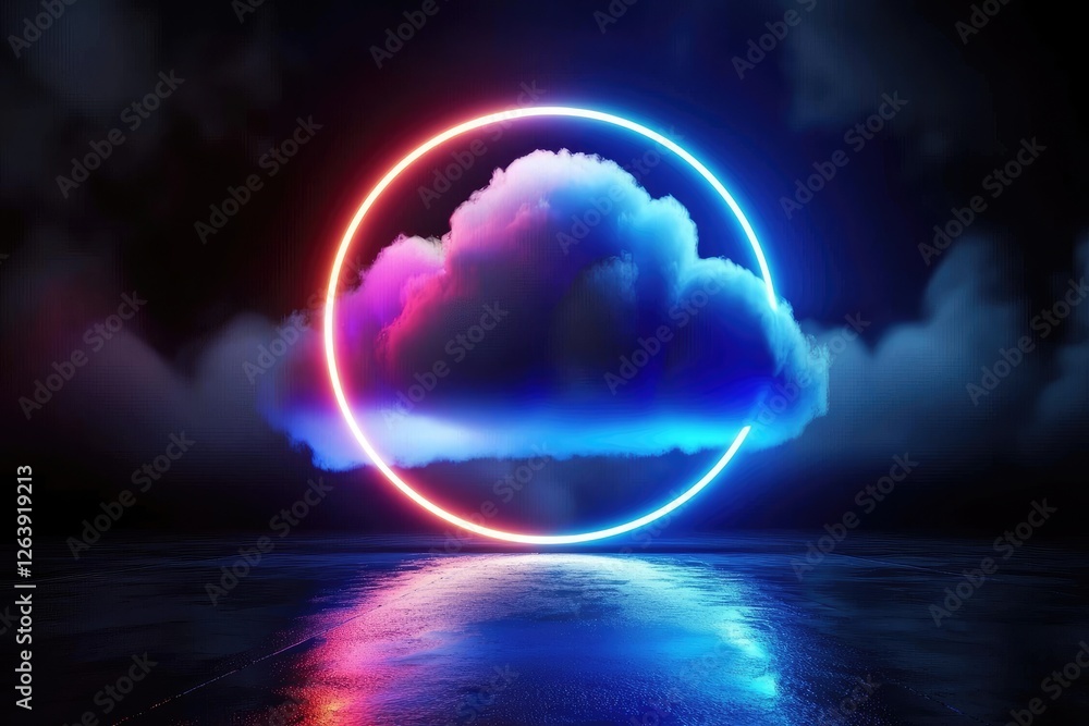 Poster neon circular cloud design in dark environment with colorful light reflection and soft fog for futur