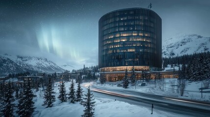 Obraz premium Modern Tower Illuminated Underneath Aurora Borealis In Snowy Mountains