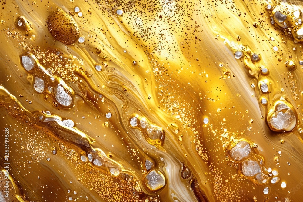 Poster abstract gold texture with smooth fluid patterns and glittering bubbles in a striking metallic finis