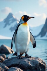 Fototapeta premium Snowy penguin standing on a rock, snowy landscape, penguin habitat, wildlife photography