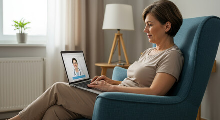 Caucasian woman having online medical consultation with doctor on laptop while sitting in blue armchair at home. Telemedicine and remote healthcare service concept