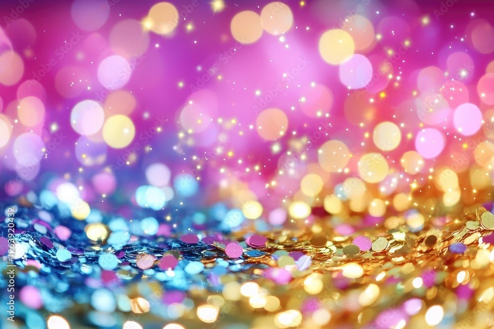 Poster abstract background with colorful shimmering bokeh lights in vibrant hues, creating a festive and jo