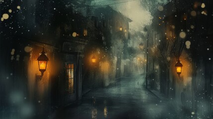 Obraz premium A foggy winter street with glowing lanterns casting a warm glow on wet cobblestones. Snowflakes float through the air, enhancing the mystical ambiance. AI generated.