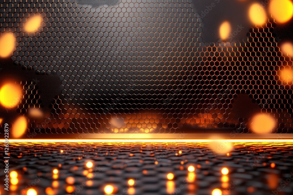 Poster abstract background of hexagonal metal grille with glowing orange lights and sparks creating a futur