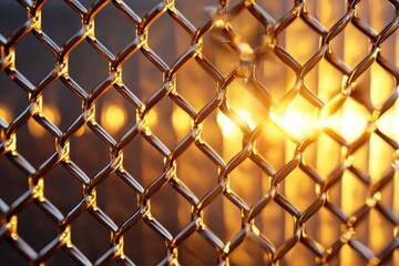 Fototapeta premium Glimmering Metal Chain Link Fence with Warm Sunset Light Reflected Through the Grids Creating a Dynamic and Artistic Background Effect