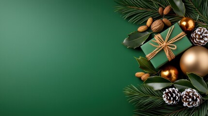 Minimalist yet luxurious botanical holiday frame with golden ornaments pine cones star anise and evergreen foliage  Elegant seasonal decor with cozy rustic and abstract elements