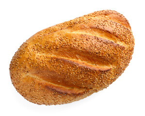 One freshly baked bread with seeds isolated on white, top view