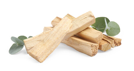 Palo santo sticks and eucalyptus leaves isolated on white