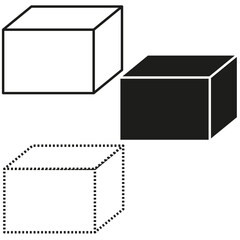 Three geometric cubes. Solid and dotted shapes. Abstract vector design. Black and white illustration.