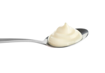 Tasty mayonnaise sauce in spoon isolated on white
