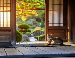茶室の縁側でくつろぐ猫 | 日本の伝統美を感じる