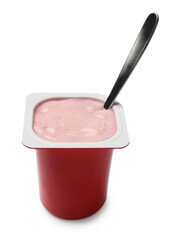 Delicious yogurt in plastic cup with spoon isolated on white