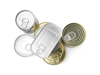 Many closed tin cans isolated on white, top view