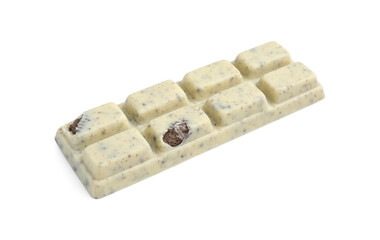 One tasty chocolate bar with crumbs of cookie isolated on white