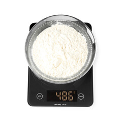 Modern electronic kitchen scale with flour isolated on white, top view