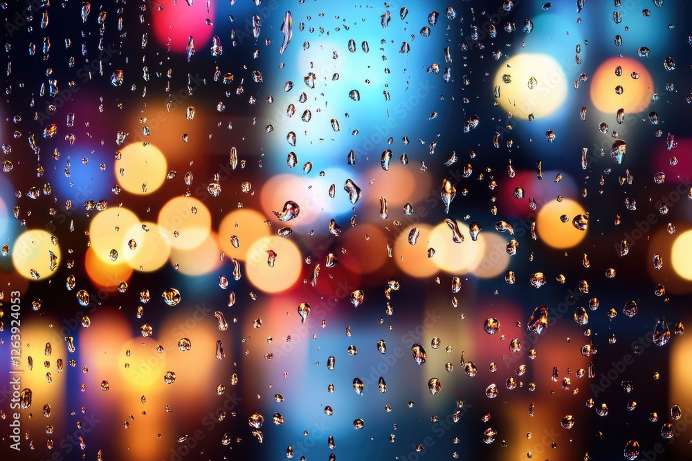 Poster glimmering raindrops on glass with colorful bokeh background creating a moody, atmospheric scene in 