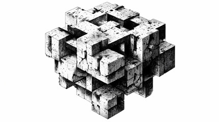 A cube of shifting dimensions, alternating between solid and fragmented states. Shifting Geometries. Illustration