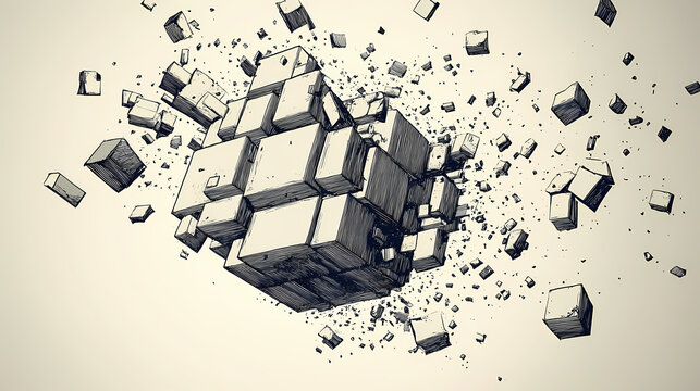 A cube of shifting dimensions, alternating between solid and fragmented states. Shifting Geometries. Illustration