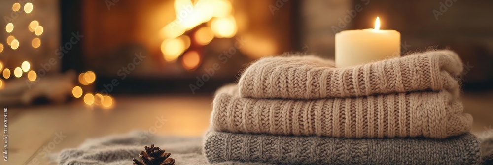 Poster cozy knitted sweaters stacked near a warm fire during a tranquil evening with soft lighting. generat