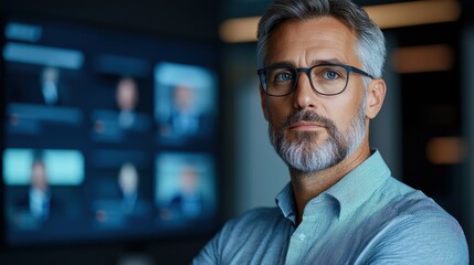 Mature Businessman in Business Meeting Setup with Technology Devices like Computer Tablet and Displays for Virtual Decision Making