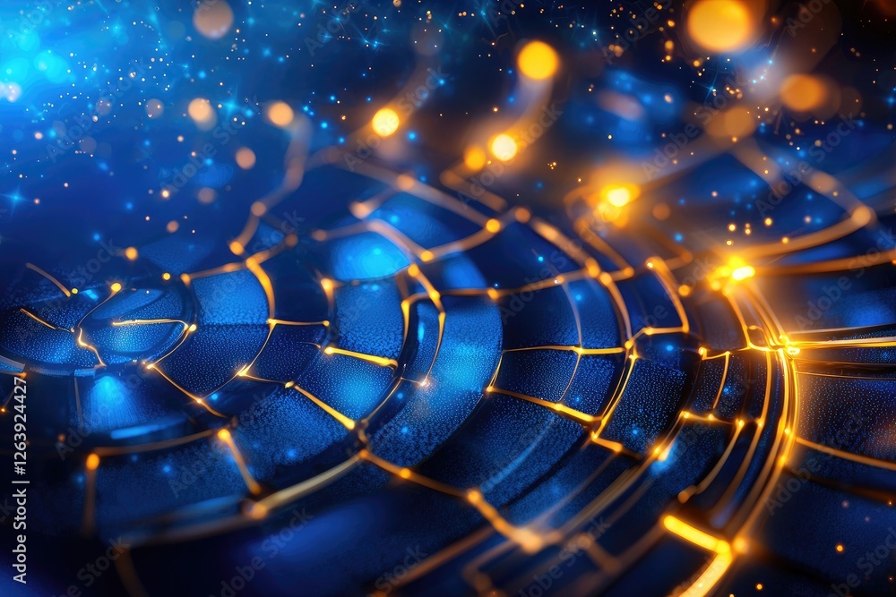 Aufkleber abstract vibrant blue background with glowing golden lines and sparkling lights, creating a mesmeriz