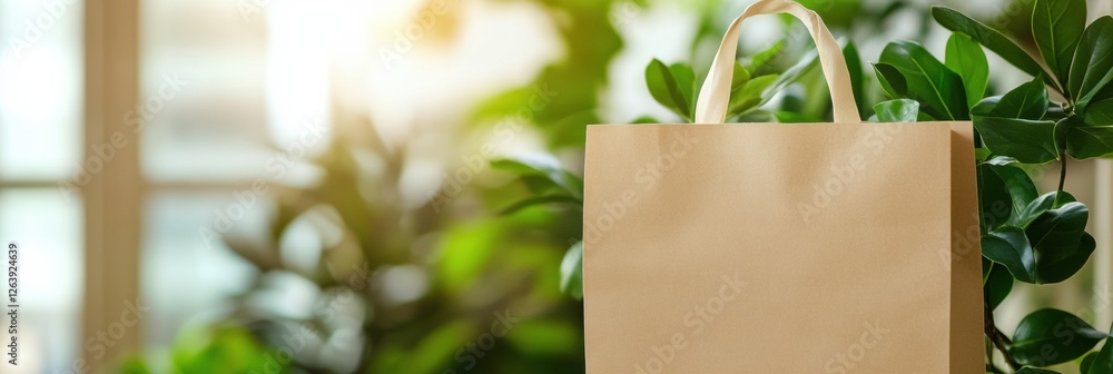 Poster eco friendly paper bag on display with lush greenery in a bright indoor setting for sustainable livi