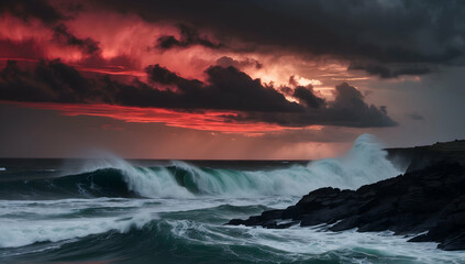 Obraz premium Dramatic Coastal Sunset with Powerful Waves