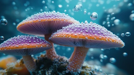 Underwater Fantasy Mushrooms Bubbles Surreal Art