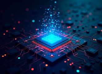 Concept high-resolution image of an AI chip, selective focus