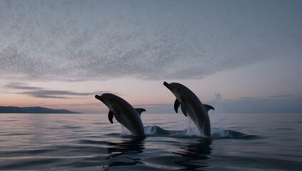 Obraz premium Two Dolphins Leap Out of the Water at Sunrise
