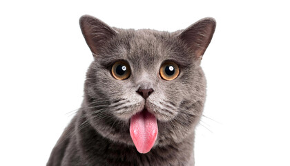 Naklejka premium Gray cat sticking out its tongue.