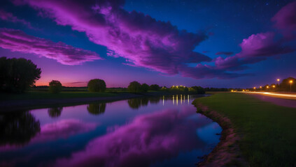 Serene Purple Sunset Reflecting on a River at Night