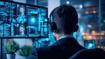 A focused shot of a professional wearing noisecanceling headphones engaged in a video conference. The background showcases posters of cybersecurity best practices coupled with a small