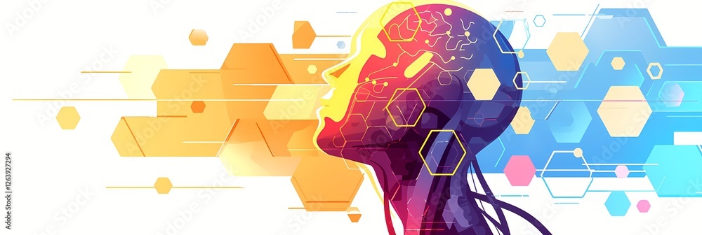 Poster human head silhouette with digital brain and hexagonal network. artificial intelligence technology c