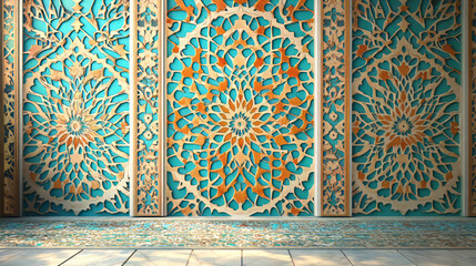 teal beige ornate mandala wall decor with islamic geometric pattern featuring a laser cut wooden lattice screen in persian style for architectural design and abstract art inspiration