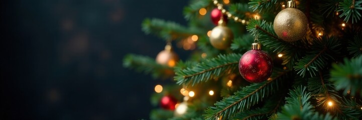 Evergreen Christmas tree adorned with glittering ornaments and colorful lights, snowflakes, gifts, garlands