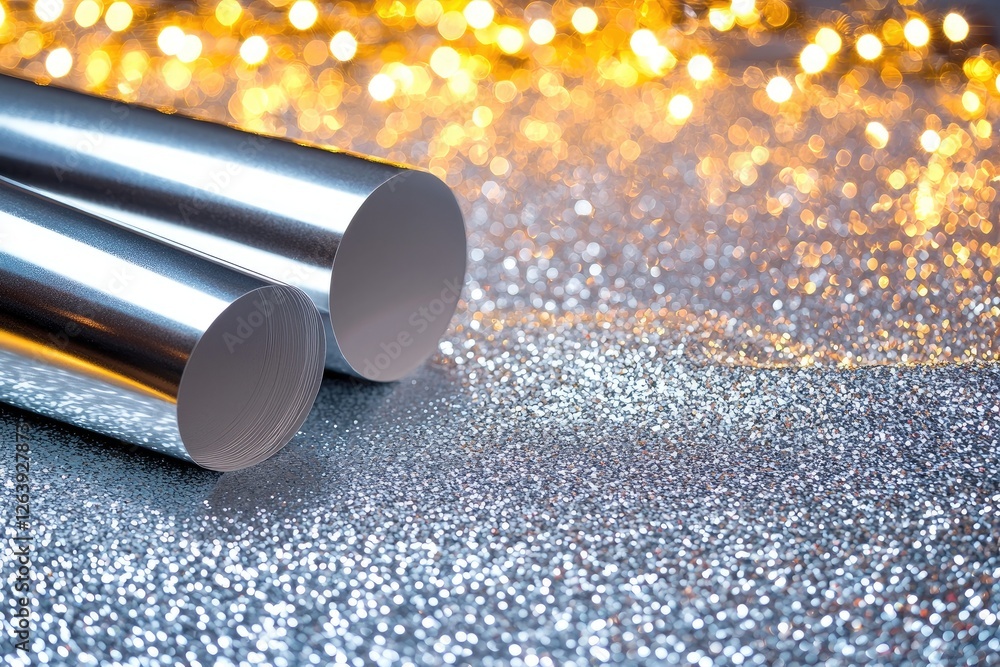 Aufkleber shiny silver rolls on sparkling glitter surface with beautiful bokeh lights in the background for un