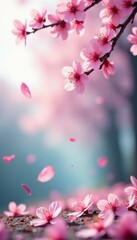 Fototapeta premium Soft pink sakura petals falling on a serene spring landscape , petals, landscape,