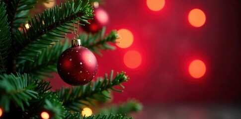 Obraz premium Evergreen Christmas tree with colorful ornament against vibrant red bokeh lights, lights, color