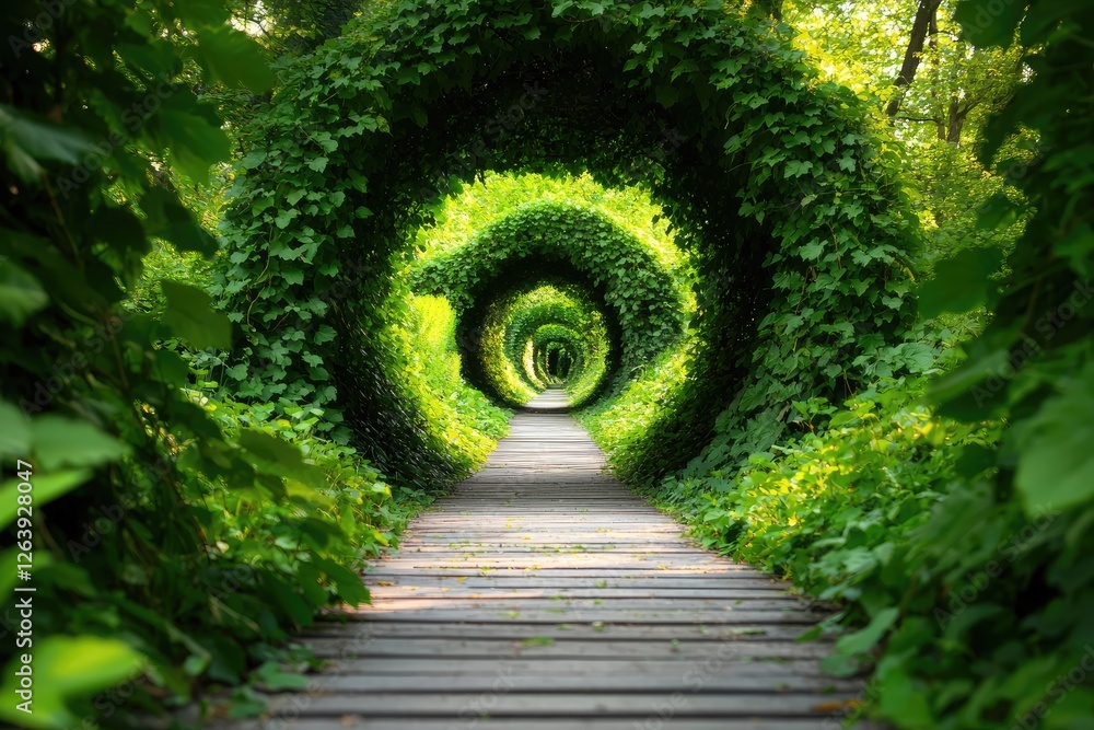 Poster enchanted pathway surrounded by lush greenery and spiral foliage in a serene forest setting inviting