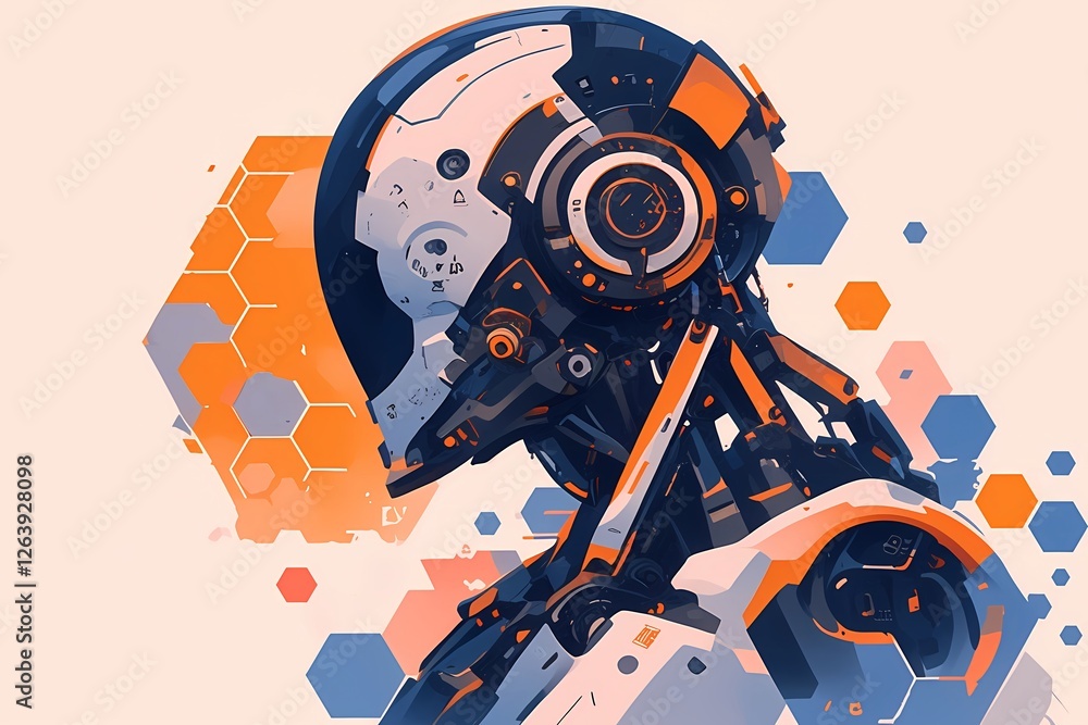 Poster futuristic robotic head profile with orange hexagonal pattern and blue accents on light background. 