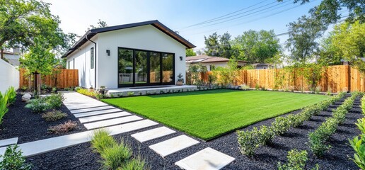 Fototapeta premium Modern House Backyard Oasis:Landscaped Garden with Artificial Turf and Stone Walkway