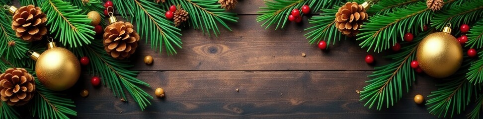 Evergreen fir branches with pine cones in a rustic holiday border, adorned with gold ornaments and berries, pine, evergreen