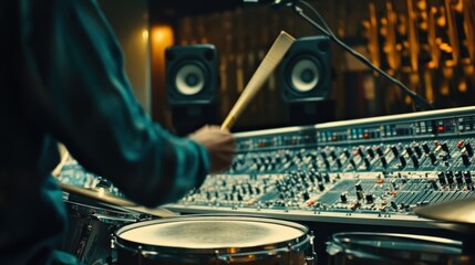 Musician plays drums in a state of the art recording studio, surrounded by audio equipment and soundproofing. The scene captures the essence of music production and studio artistry