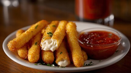 A delicious side of crispy mozzarella sticks with melted cheese inside and a side of marinara dipping sauce 